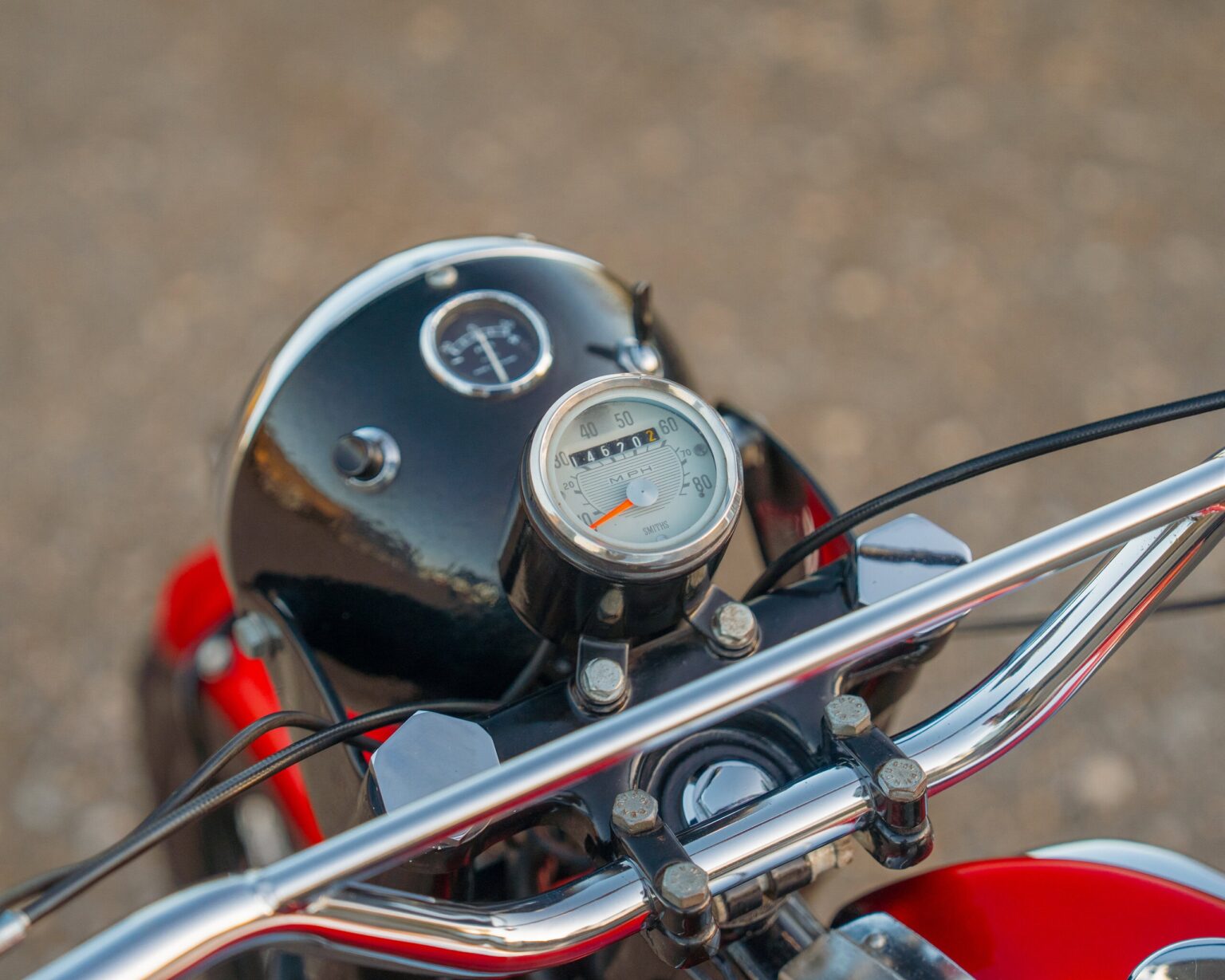 Close-up of vintage motorcycle speedometer and dashboard.
