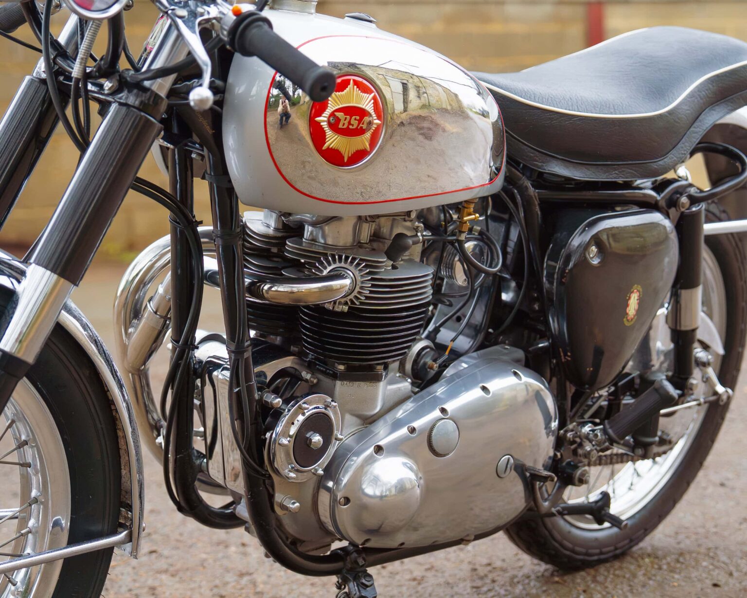 Detailed image of a classic BSA motorcycle engine and frame for vintage bike enthusiasts.