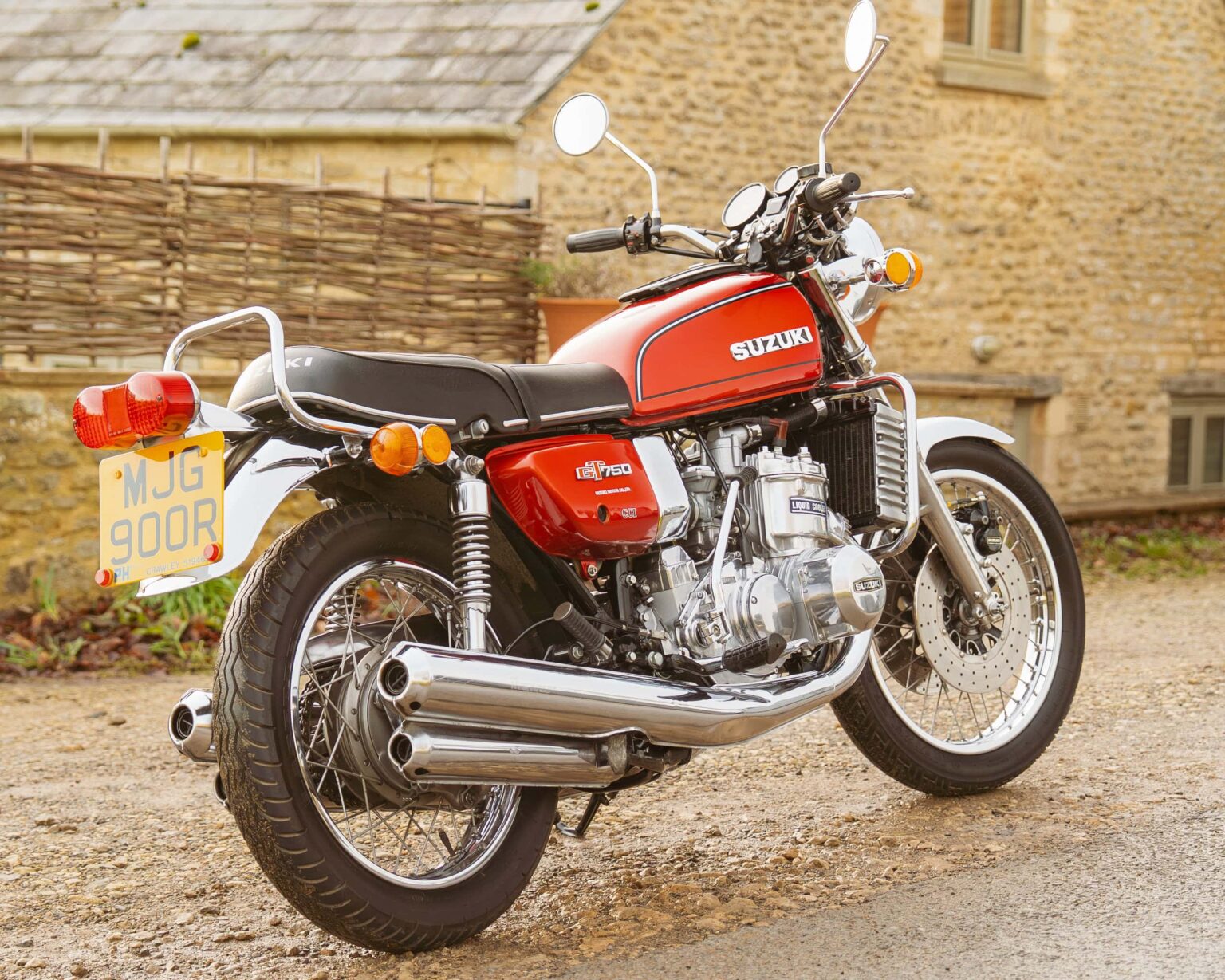High-quality vintage Suzuki GT750 motorcycle with classic design.