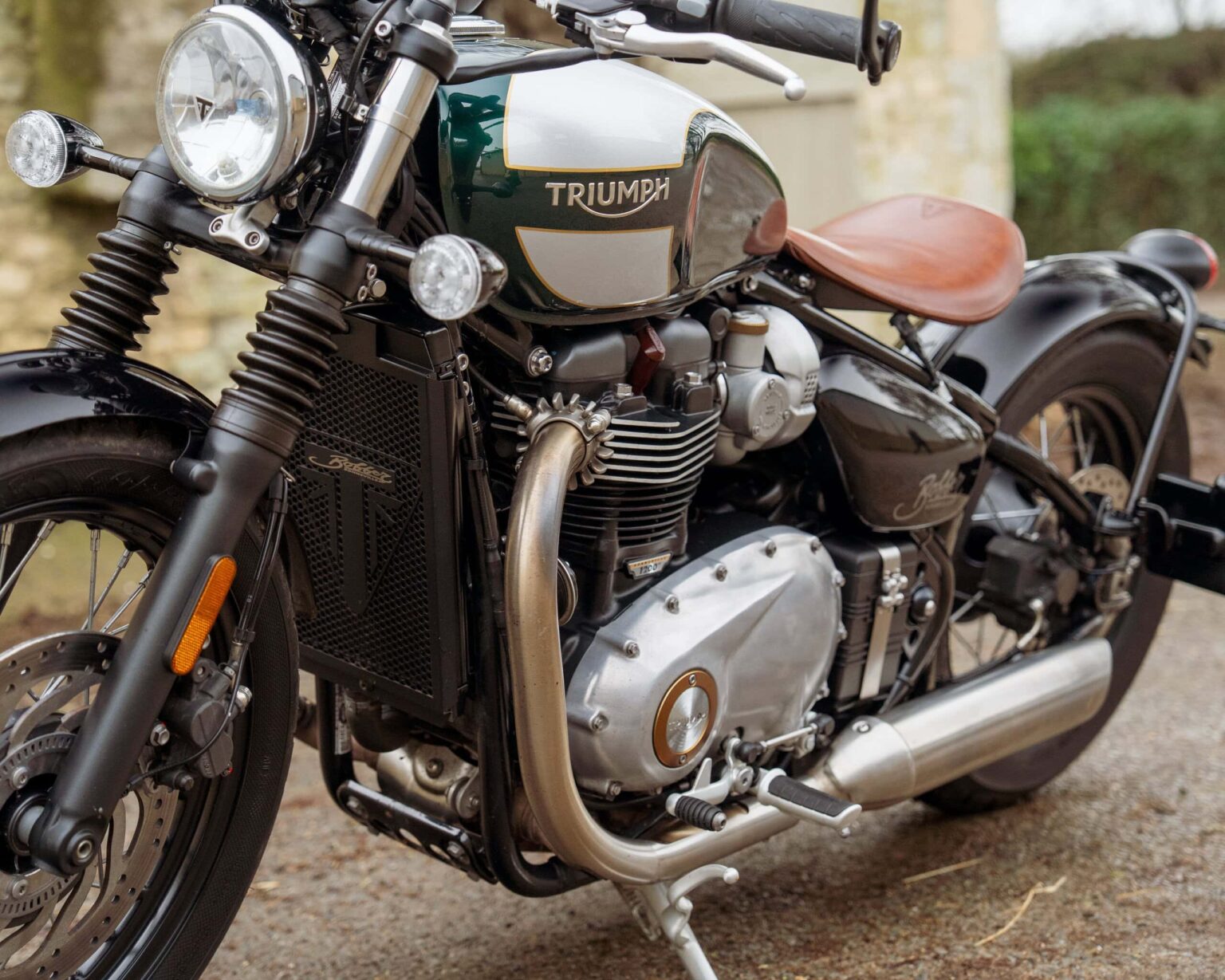Classic Triumph Bonneville motorcycle with vintage design and modern features.