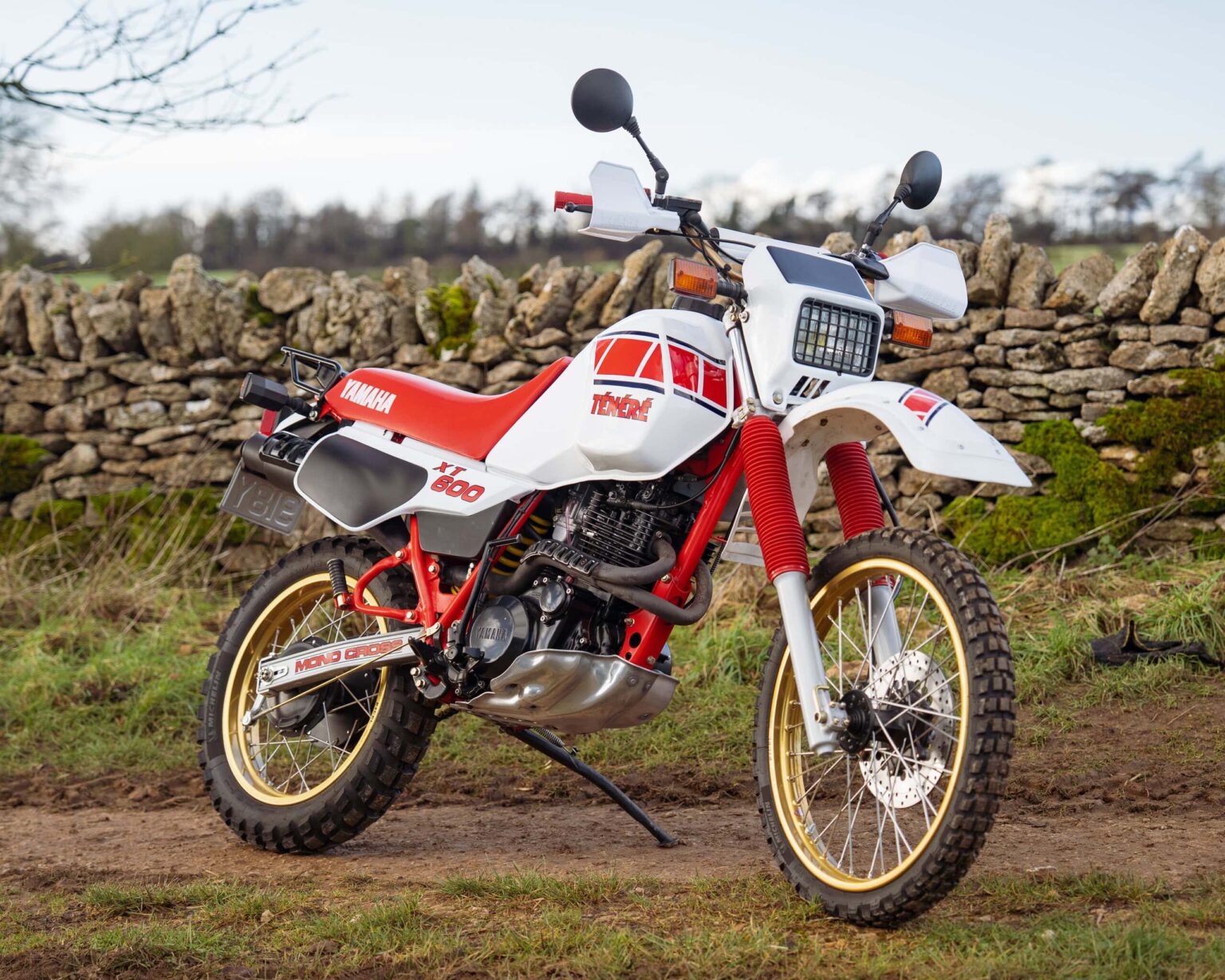 Vintage Yamaha off-road motorcycle with red and white design on grassy field.