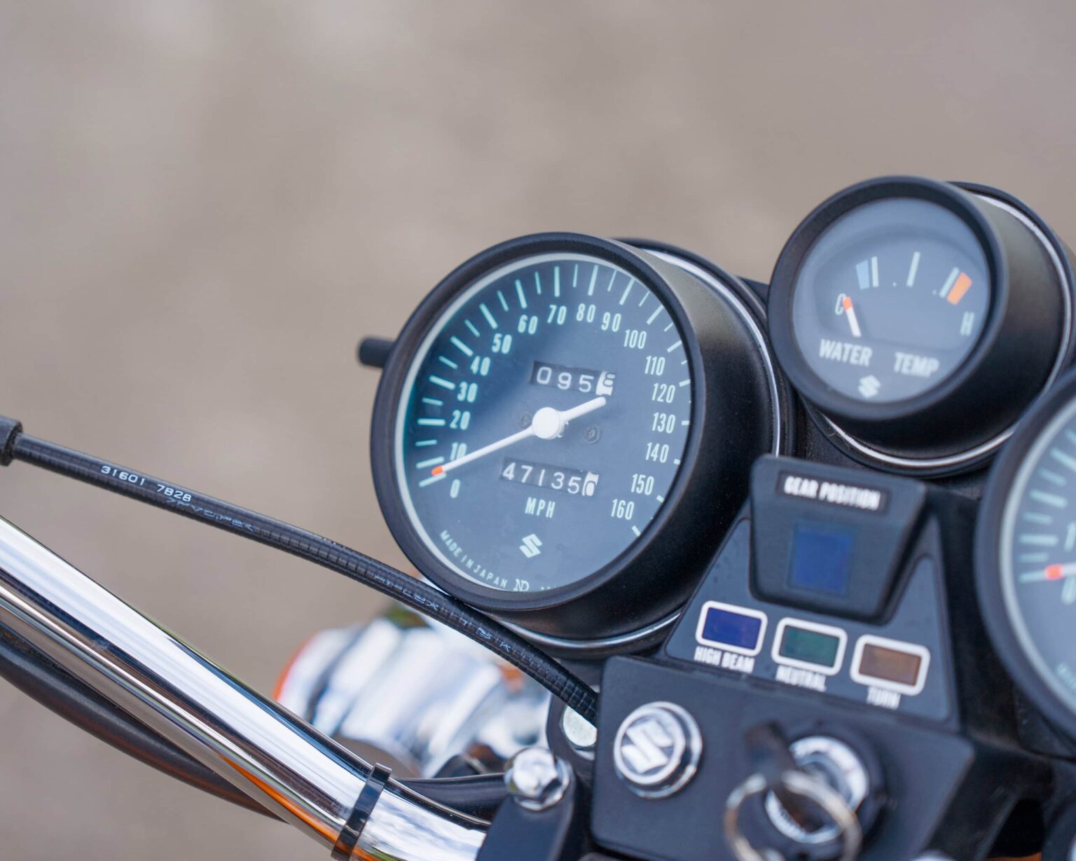 Motorcycle speedometer and gauges close-up.